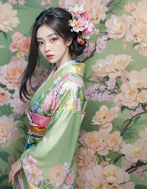 (Beautiful model in Japanese kimono commercial, beautiful straight long black hair), solo, ((face is 80% beauty and elegance, 20...