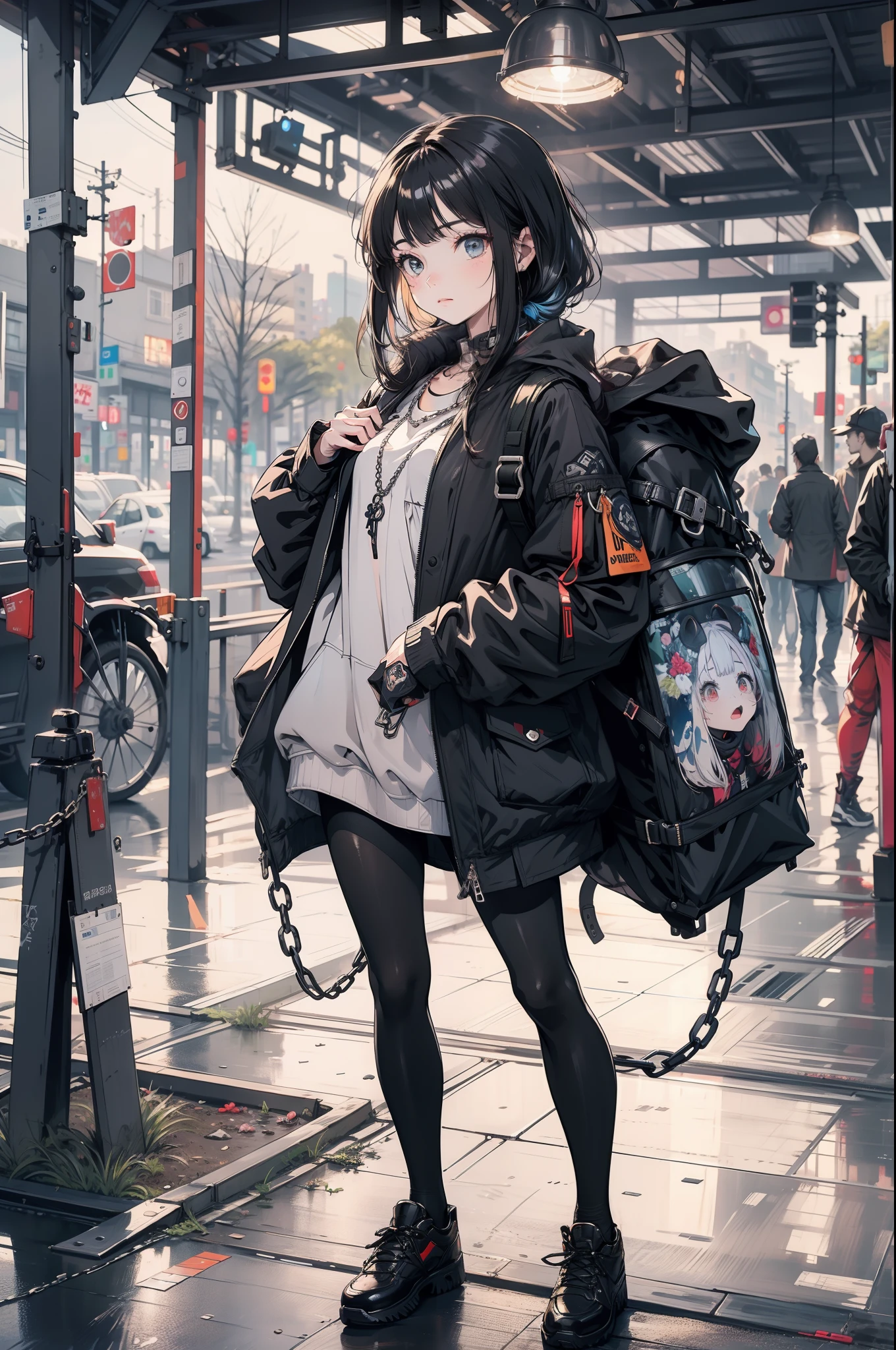 1girl in, jaket, Sateen, En plein air, parka, Open jacket, chain, backsack, Look at one more, hair messy, trending on artstationh, 8K resolution, Highly detailed and anatomically correct, Sharp images, digitial painting, concept-art, trending on pixiv,neonlight