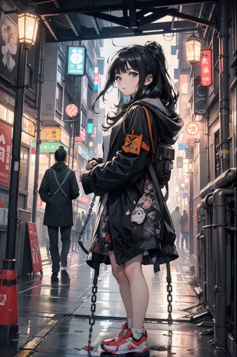 1girl in, jaket, Sateen, En plein air, Parka, Open jacket, chain, rucksack, Look at one more, hair messy, trending on artstationh, 8K分辨率, Highly detailed and anatomically correct, Sharp images, digitial painting, concept-art, trending on pixiv,neonlight