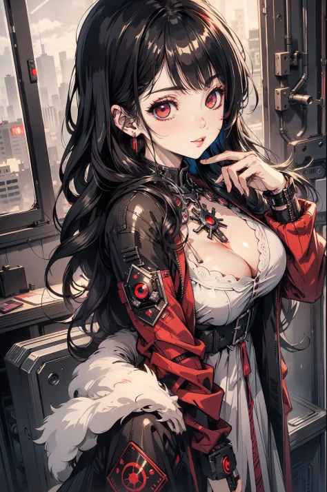 masterpiece, highly detailed, high quality, goth girl, red eyes, cyberpunk, sci-fi, illustration, cinematic lighting,