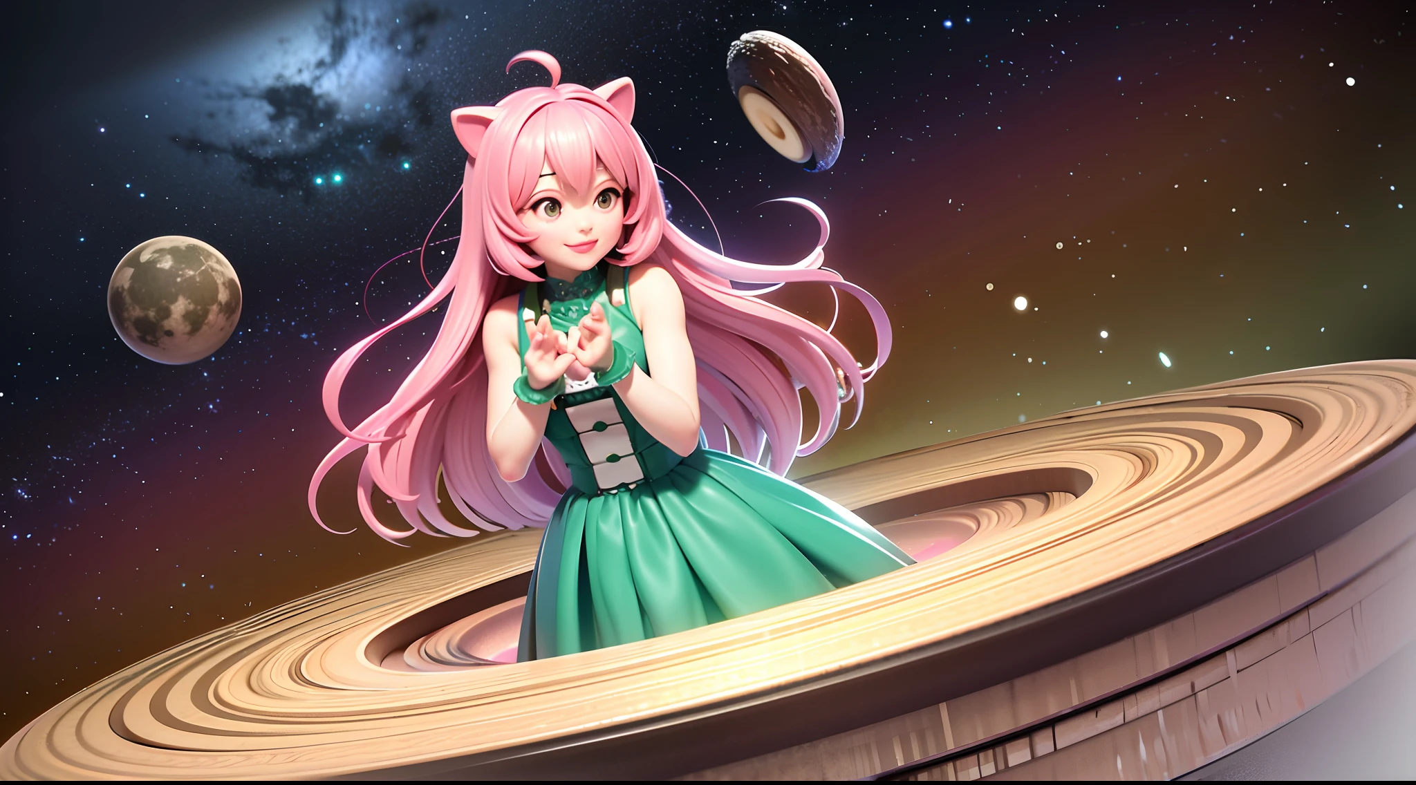 (Background Centre:1.6), 3D Animation film, CG Animation, high quality Animation, 1 girl and animals, silver tiger, Prayer to Peace, red hair, long curly hair, smile, blush, green gradient Long dresses, Standing on the edge of a sheer cliff, Back shot, a large red moon, vaguely reddish nebulous clouds. detailed background: 1.2, Fantastic light effects, 3DMM