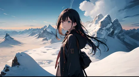 absurderes、hight resolution、(Official art、Beautifully Aesthetic:1.2)、Close View、4K
Shining sky、Vast world、girl with、Staring、awe-inspiring expression、Distant horizon、​​clouds、High mountains、natural beauty、inspiration、Light Effects、