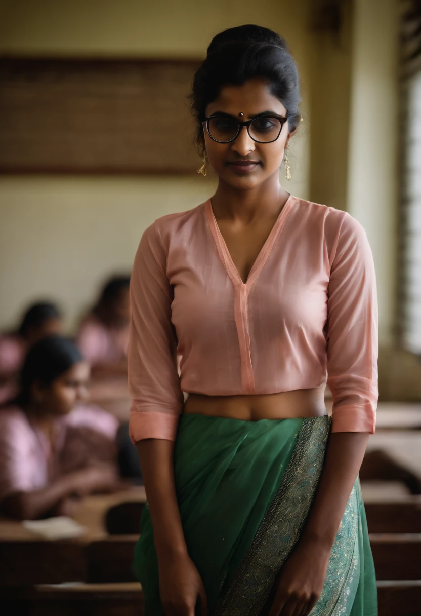 A woman in a pink shirt and green skirt standing in a classroom - SeaArt AI