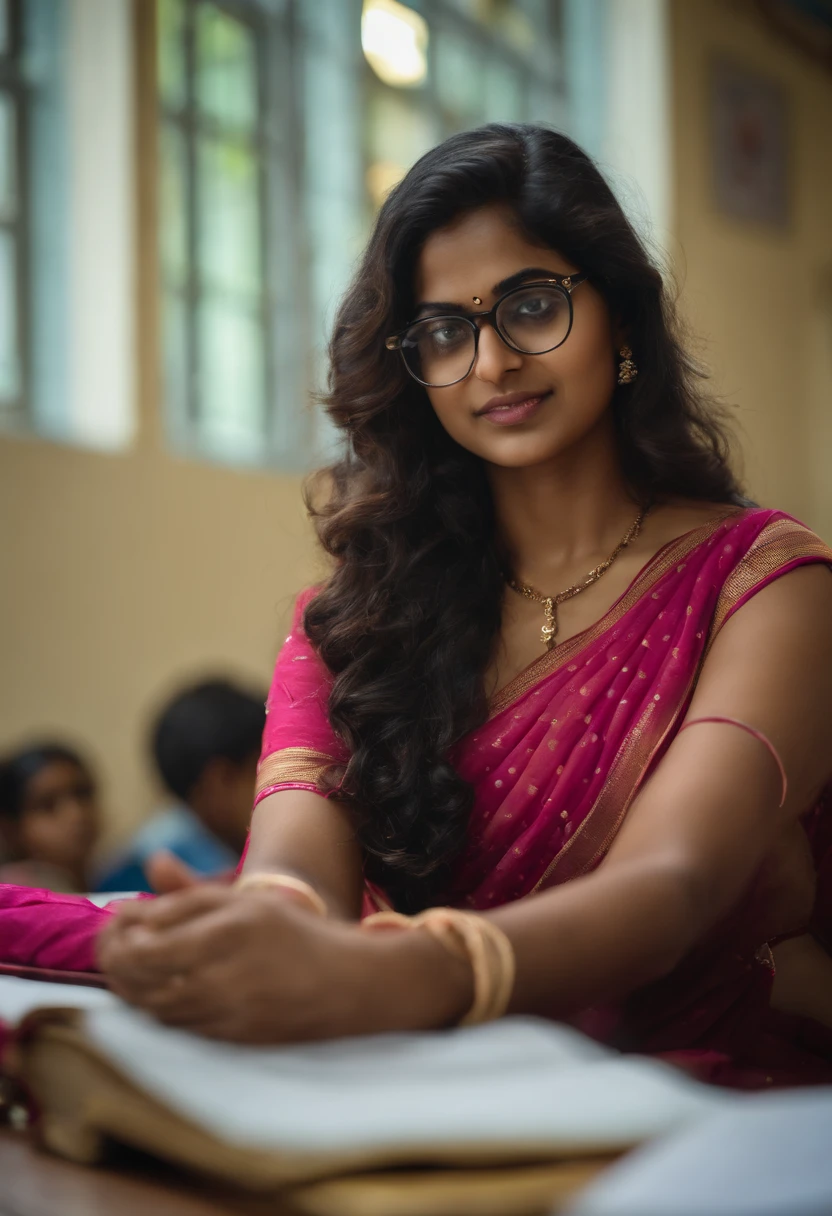 A woman in a pink sari sitting at a table with a book - SeaArt AI