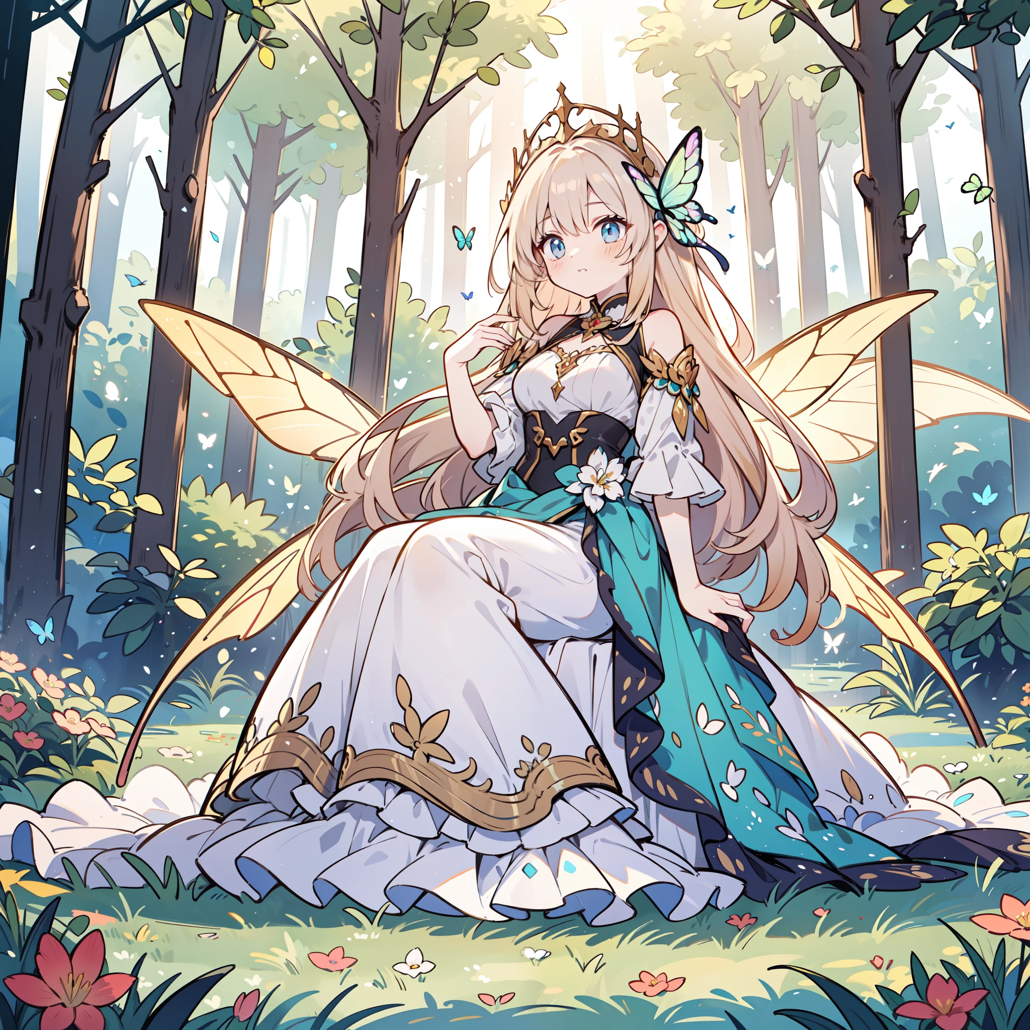The Fairy of Light appeared in the spring in the night forest. She is a beautiful, Pale, Bright female figure with stained glass butterfly wings on her back. She wears elaborate and delicate ornaments. Fantastic forest fountain with wildflowers. Detailed drawings. Sit on the ground. Vivid colors. High image quality.