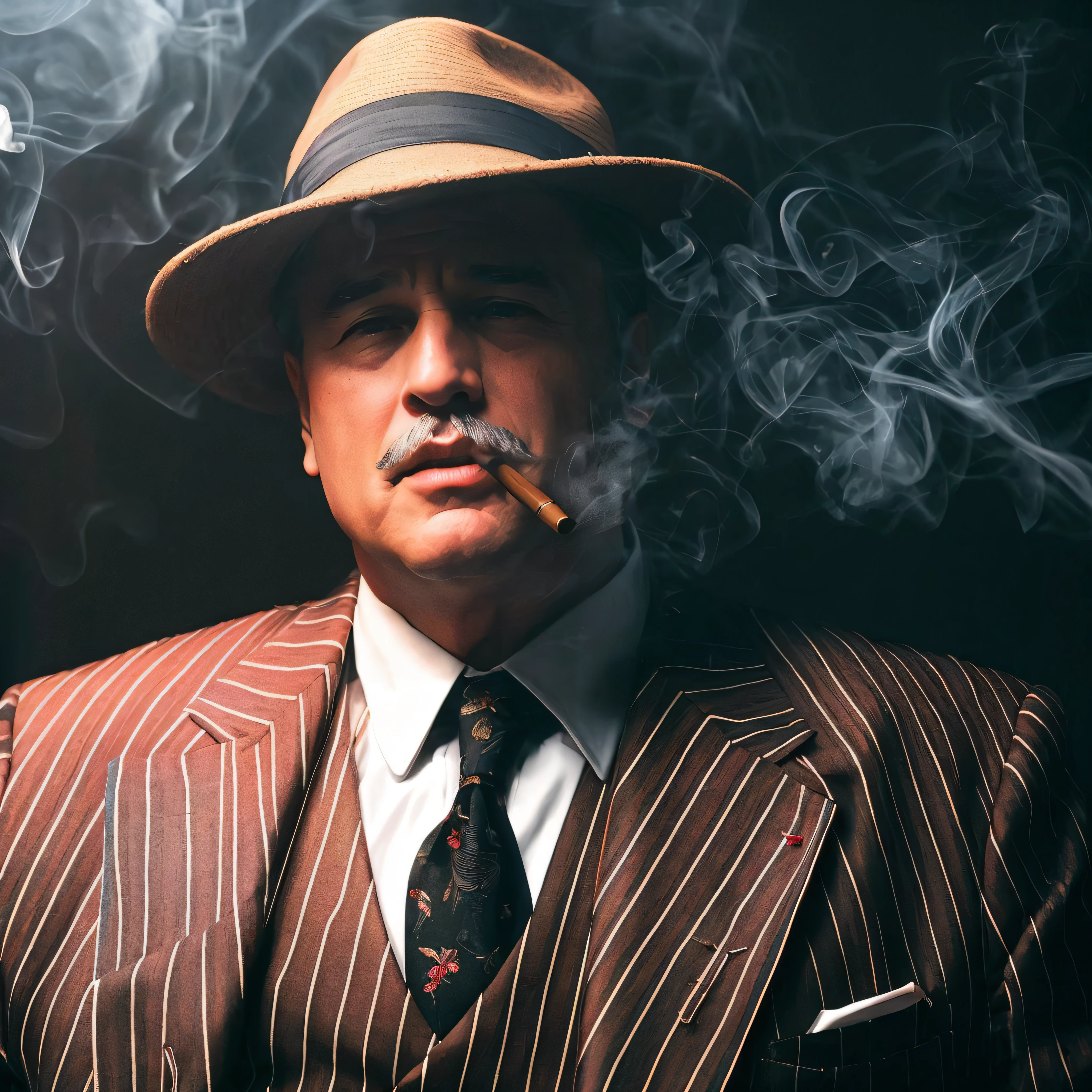 Alafed man in suit and hat smokes a cigarette, mustache, marlon brando ...