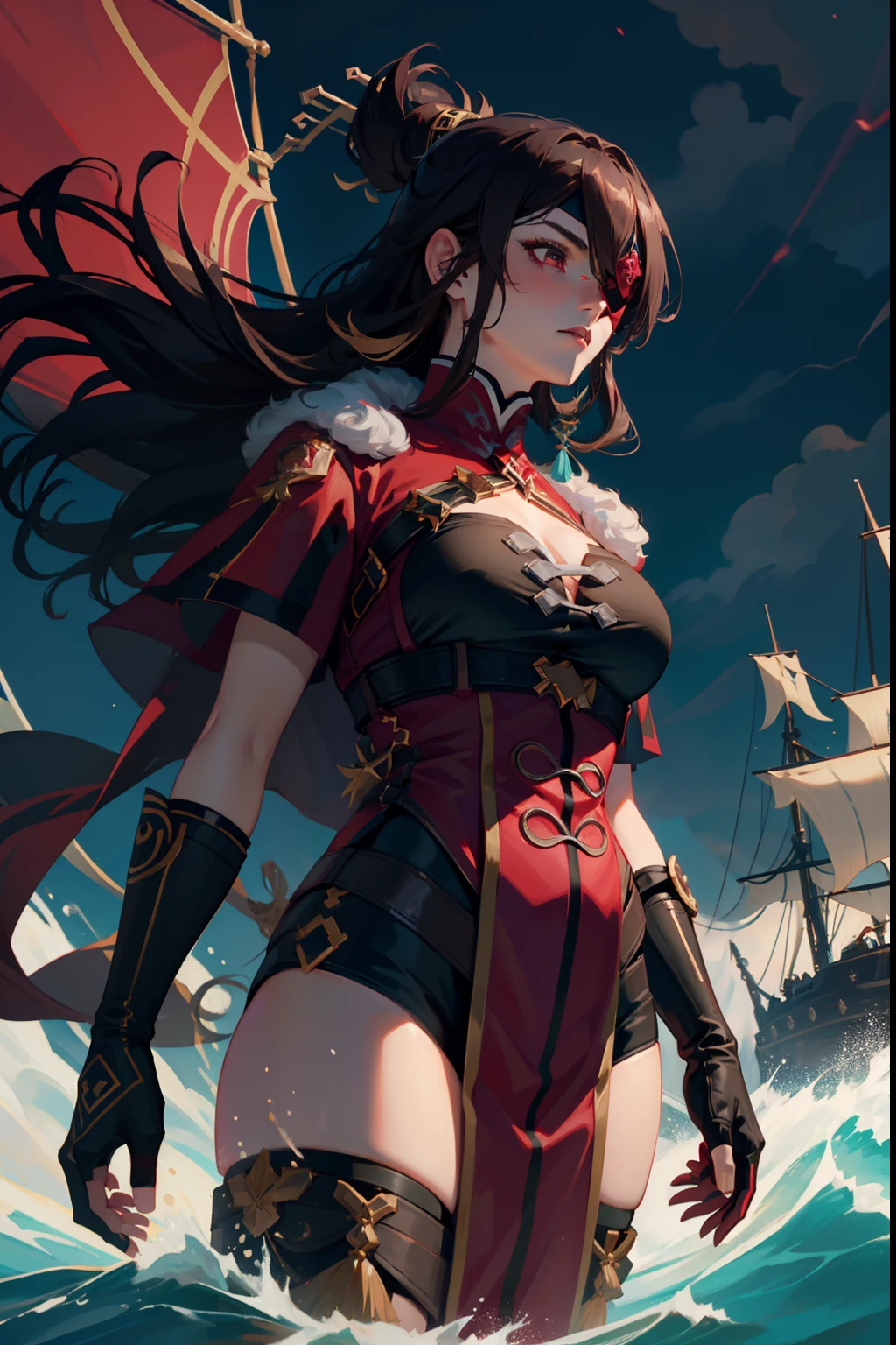 1 mature female solo, long brown hair, red eye, golden hair accessories, ((red eyepatch)), red cape, white fur collar, black and red outfit, black fingerless gloves, long black stockings, dynamic pose, cinematic shot, cinematic light, big pirate ship, sea, sea storm, big waves, dark sky with lightning