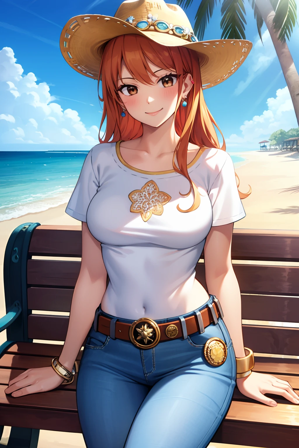 masterpiece, ((ultra detailed background, delicate pattern, intricate detail)), (highly detailed, fine details), best quality, ((medium breasts, slim girl)), NamiV2, 1girl, orange hair, solo, long hair, jewelry, ((medium breasts, slim girl, jeans, t-shirt, round neck, sitting, bench, outdoors, belt, cowboy shot )), brown eyes, smile, earrings, bracelet, (complex detailed background, outside, beach environment, sunny, nature, cowboy shot, from front),