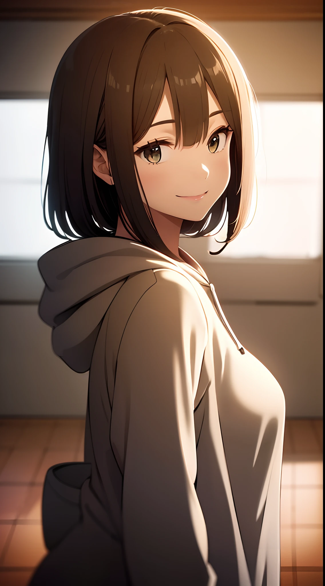 Anime girl with brown hair and black eyes in a room - SeaArt AI