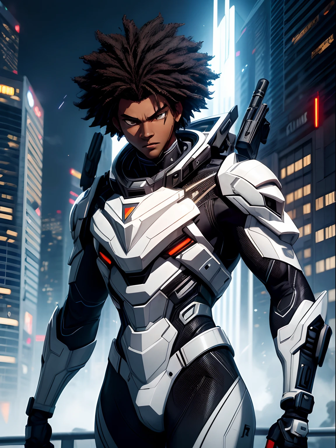 Black little boy in a futuristic sci fi suit, Mozambique flag, futuristic gun, black Afro hair, Mozambique flag, badass pose, realistic, white futuristic suit, cyber punk armor, ultra realistic, realism, white thunder, lightning bolts, Mozambique