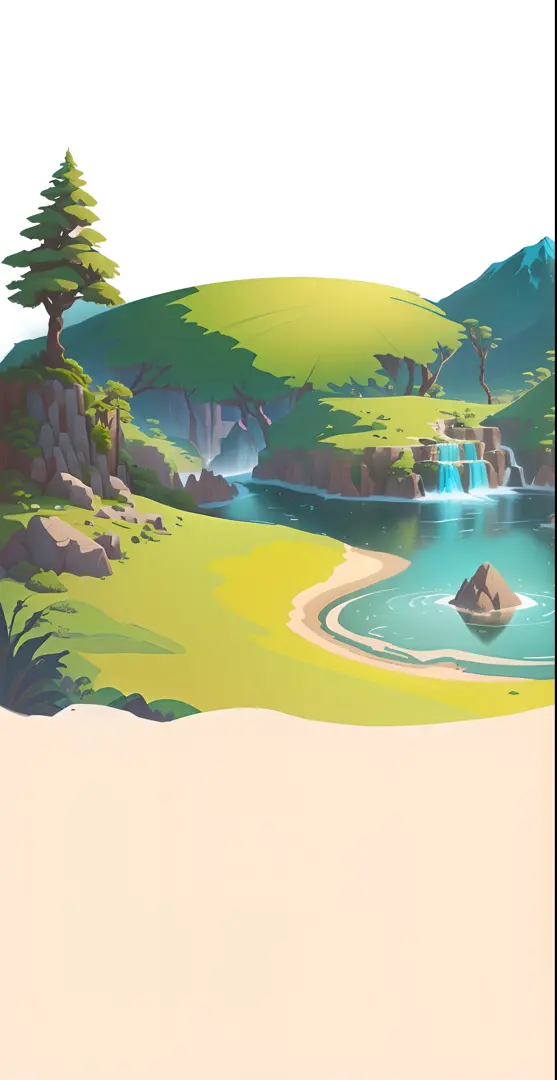 Beautiful mountain landscape with cartoon illustration of river and trees, arte de fundo, Mobile game background, background artwork, Island background, background jungle, Eau，small stream，sandbeach，2 D game art background, desert oasis background, distant...