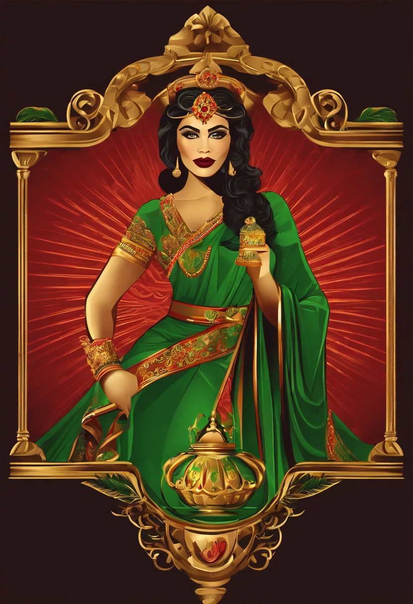 A beautiful indian woman in a green sari with a golden lamp - SeaArt AI