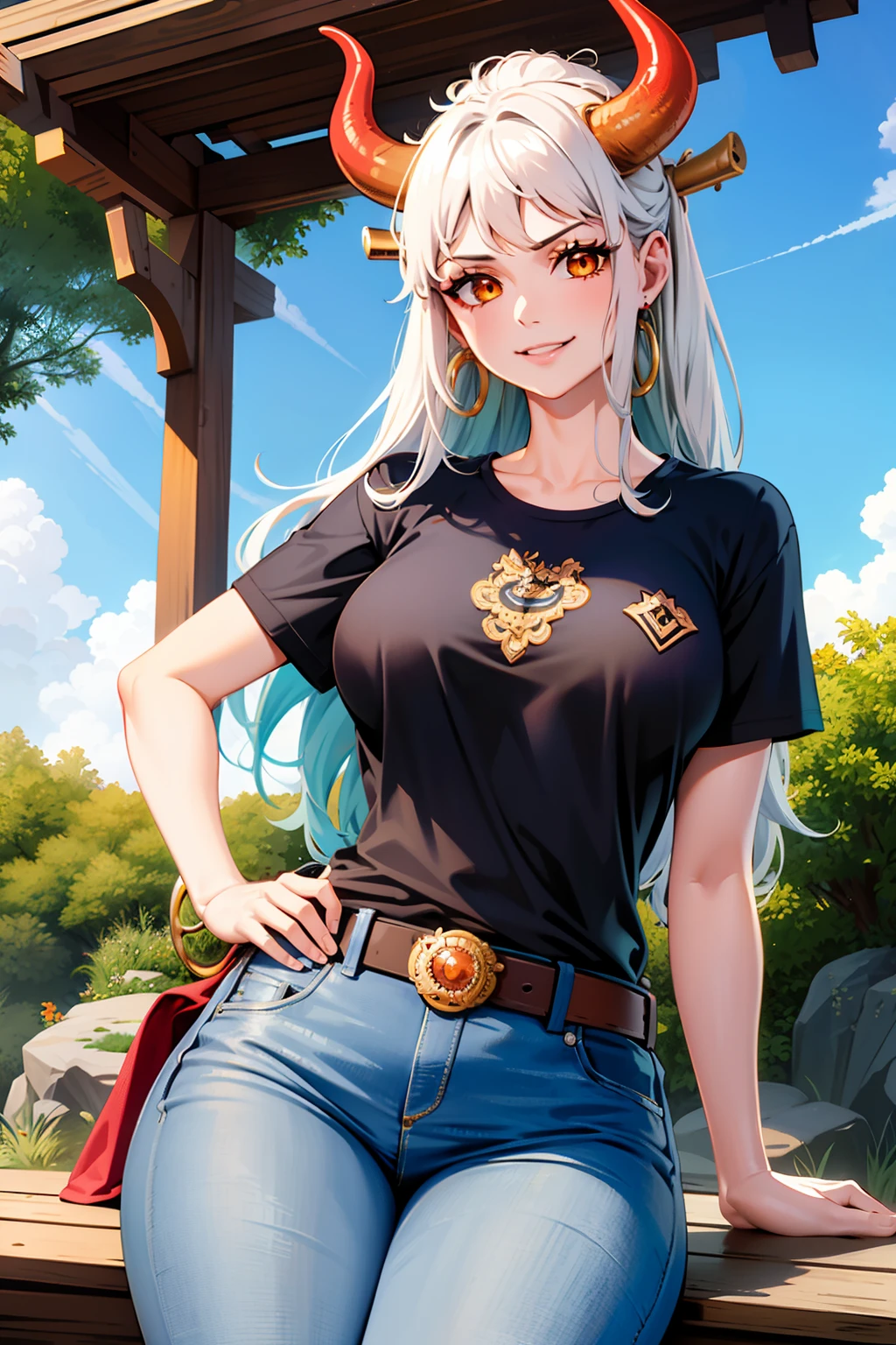 masterpiece, ((ultra detailed background, delicate pattern, intricate detail)), (highly detailed, fine details), best quality,beautiful lighting, (((medium breasts, slim girl, very slim girl))), (cowboy shot),  YamatoV2, long hair, 1girl, horns, white hair, solo, oni, red horns, curled horns, hair ornament, (multicolored horns), jewelry, earrings, jeans, t-shirt, round neck, sitting, bench, outdoors, belt, cowboy shot, hair stick, aqua hair, sidelocks, hoop earrings, hakama, smile, wide smile, ((orange eyes)), complex detailed background, outside, nature environment, rocks, sunny, blue sky, sky,
