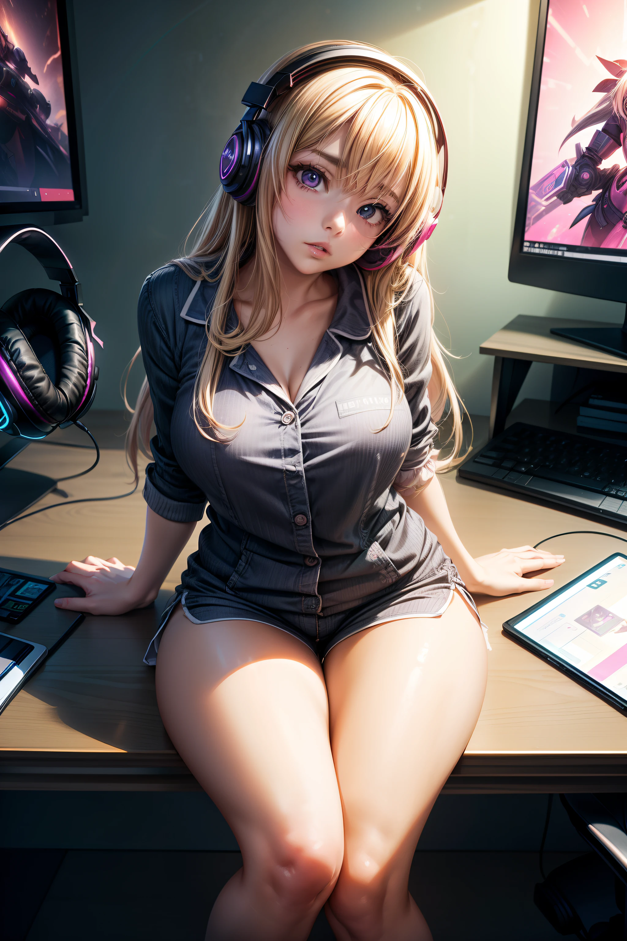 (Meisterwerk, beste Qualität), 1 Mädchen, Allein, lange Haare, blondes Haar, rosa Augen, Anime-Serie, Dicke Lippen, Sitzung, drinnen, Rosa Schlafzimmer Hintergrund, Pyjama, Gähnen, game controller, Gamer-Mode, kurze Shorts, Kopfneigung, Betrachter betrachten, extrem detailliert, Illustration, Arm hoch, große Brüste, dicke Oberschenkel, süße Farben, poster, computer desk, Gamer-Kopfhörer, von oben,