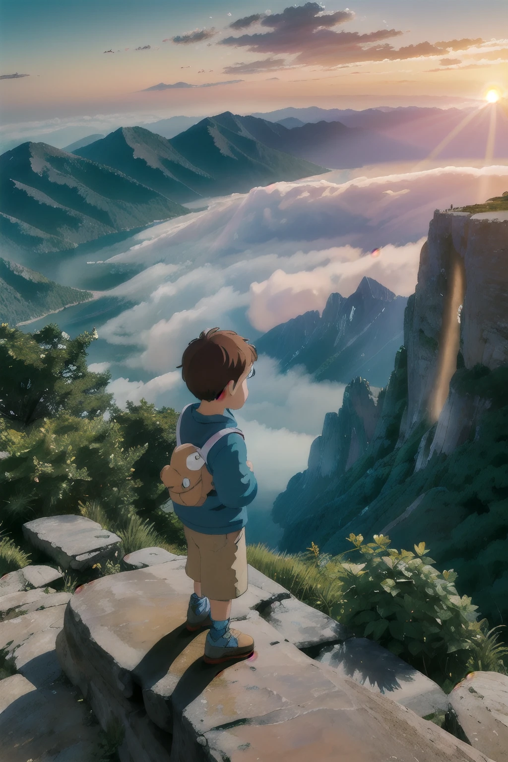 Create a stunning Studio Ghibli-style illustration that evokes a sense of wonder and serenity. The scene features a 3-year-old boy, depicted with meticulous detail, wearing glasses and embracing a plush teddy bear.The boy stands at the summit of a towering mountain, surrounded by an awe-inspiring landscape. The mountain peak is blanketed in a soft, golden light as the sun rises, casting a warm and inviting glow over the scene. The boy gazes in wonder at the emerging sun, his face illuminated by its gentle rays.Far below, at sea level, lies a coastal city enveloped in a delicate mist, giving it a dreamy and ethereal quality. The city is partially obscured by the mist, creating depth and emphasizing the vastness of the landscape.The illustration is a masterpiece of rich details and intricate definition, rendered in glorious 8K resolution. Every aspect, from the boy's expression to the mountain's textures, is portrayed with precision and care.This enchanting scene captures the essence of curiosity and the joy of discovery as the young boy witnesses the beauty of a new day from the mountaintop. It is a heartwarming and inviting depiction of a moment filled with innocence and awe.