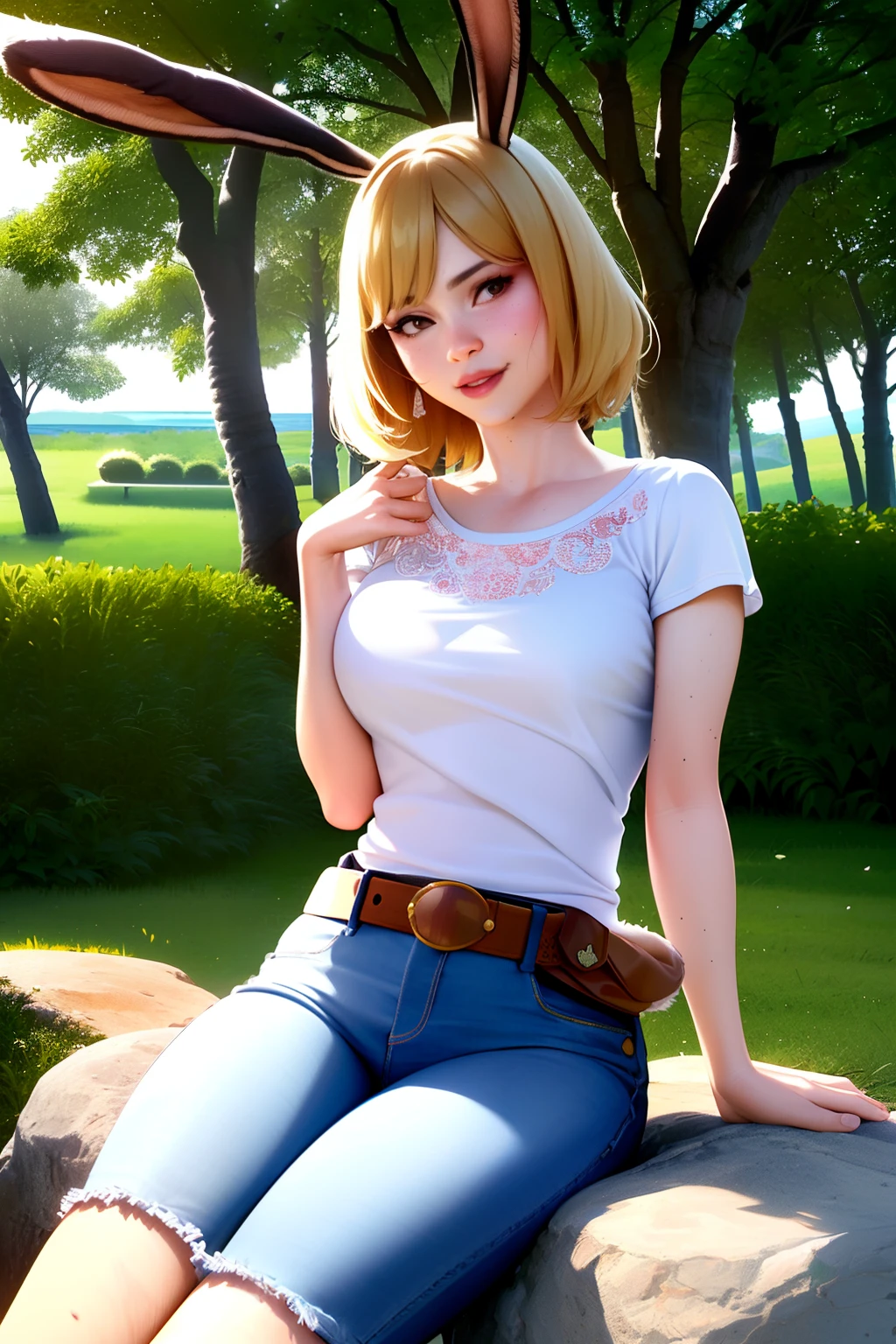 ultra realistic 8k cg, (((ultra detailed background, delicate pattern, intricate detail, highly detailed, fine details))), best quality, (photorealistic:1.4),beautiful lighting, absurdres, RAW photo, film grain, ((medium breasts, slim girl)), CarrotChan, 1girl, solo, blonde hair, animal ears, rabbit ears, rabbit girl, furry female, furry, short hair, smile, rabbit tail, (jeans, t-shirt, round neck, sitting, bench, outdoors, belt, cowboy shot,), brown eyes, animal nose, ((complex detailed background, grass, trees, vines, ocean, rocks, nature environment, close-up, portrait)),