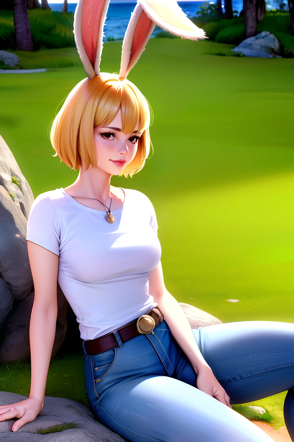 ultra realistic 8k cg, (((ultra detailed background, delicate pattern, intricate detail, highly detailed, fine details))), best quality, (photorealistic:1.4),beautiful lighting, absurdres, RAW photo, film grain, ((medium breasts, slim girl)), CarrotChan, 1girl, solo, blonde hair, animal ears, rabbit ears, rabbit girl, furry female, furry, short hair, smile, rabbit tail, (jeans, t-shirt, round neck, sitting, bench, outdoors, belt, cowboy shot,), brown eyes, animal nose, ((complex detailed background, grass, trees, vines, ocean, rocks, nature environment, close-up, portrait)),