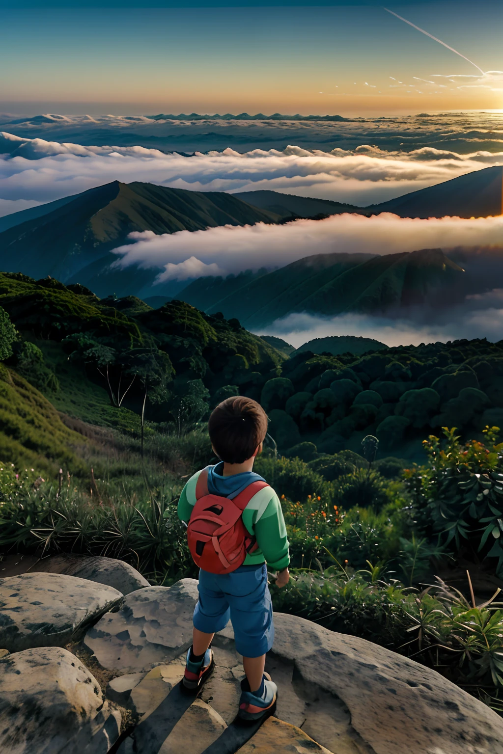 Create a stunning Studio Ghibli-style illustration that evokes a sense of wonder and serenity. A cena apresenta um menino de 3 anos, retratado com detalhes meticulosos, wearing glasses and hugging a teddy bear.The boy stands on the summit of an imposing mountain, cercado por uma paisagem inspiradora. The peak of the mountain is covered by a soft, luz dourada como o sol nasce, fundindo um quente, Brilho convidativo sobre a cena. O menino olha maravilhado para o sol que emerge, seu rosto iluminado por seus raios suaves.Muito abaixo, at sea level, lies a coastal city shrouded in a delicate mist, giving it a dreamy and ethereal quality. The city is partially obscured by fog, creating depth and emphasizing the vastness of the landscape.The illustration is a masterpiece of rich detail and intricate definition, rendered in glorious 8K resolution. Todos os aspectos, From the boy's expression to the textures of the mountain, is portrayed accurately and carefully.This enchanting scene captures the essence of curiosity and the joy of discovery as the boy witnesses the beauty of a new day from the top of the mountain. It's a moving and inviting depiction of a moment filled with innocence and admiration.