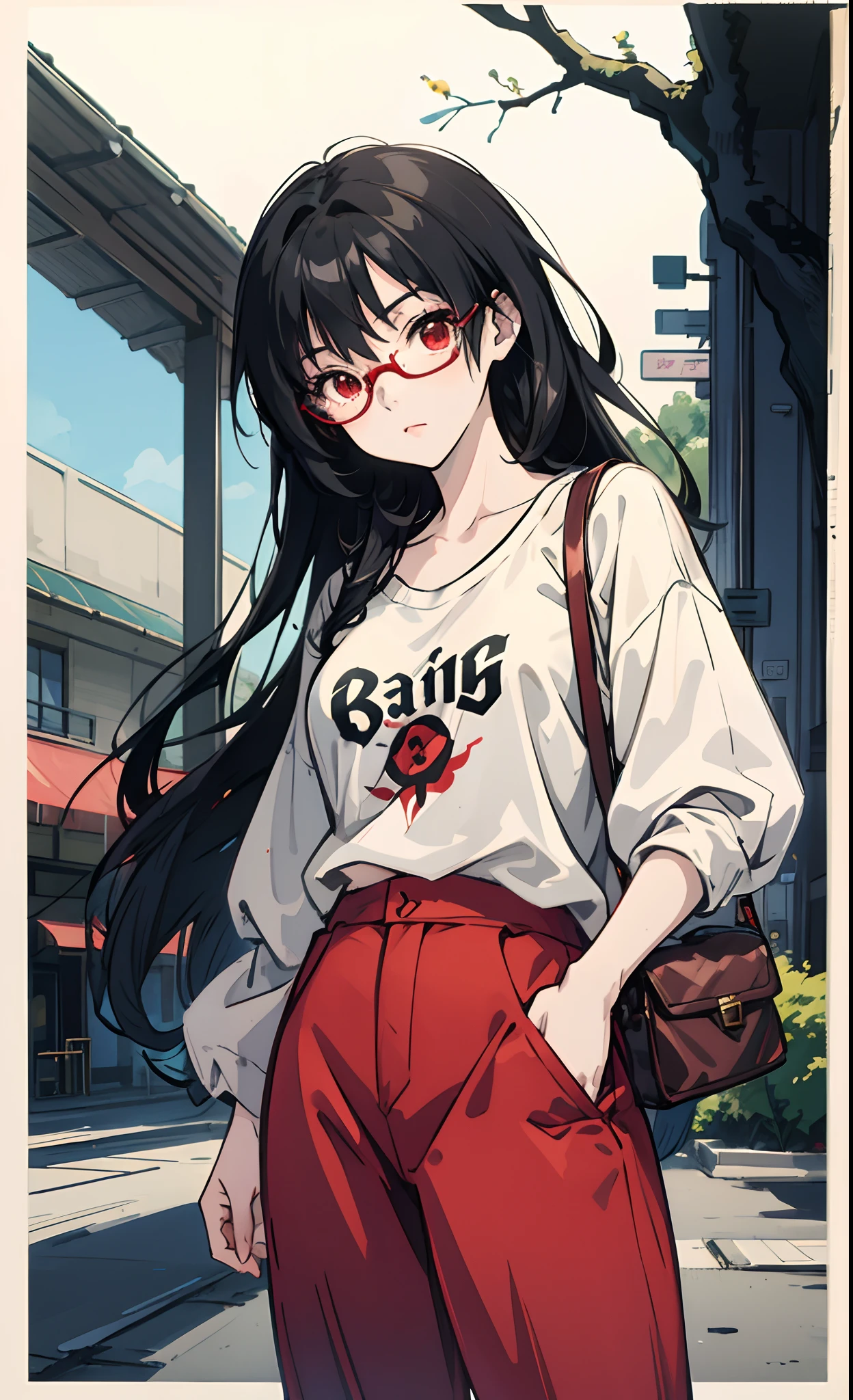 Anime girl with glasses and a white shirt standing on a street - SeaArt AI