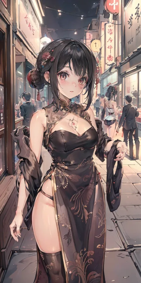 ((Best quality)), ((Masterpiece)), ((Ultra-detailed)), (illustration), (Detailed light), (An extremely delicate and beautiful),A charming young girl,on cheongsam,hong kong,Kowloon Street