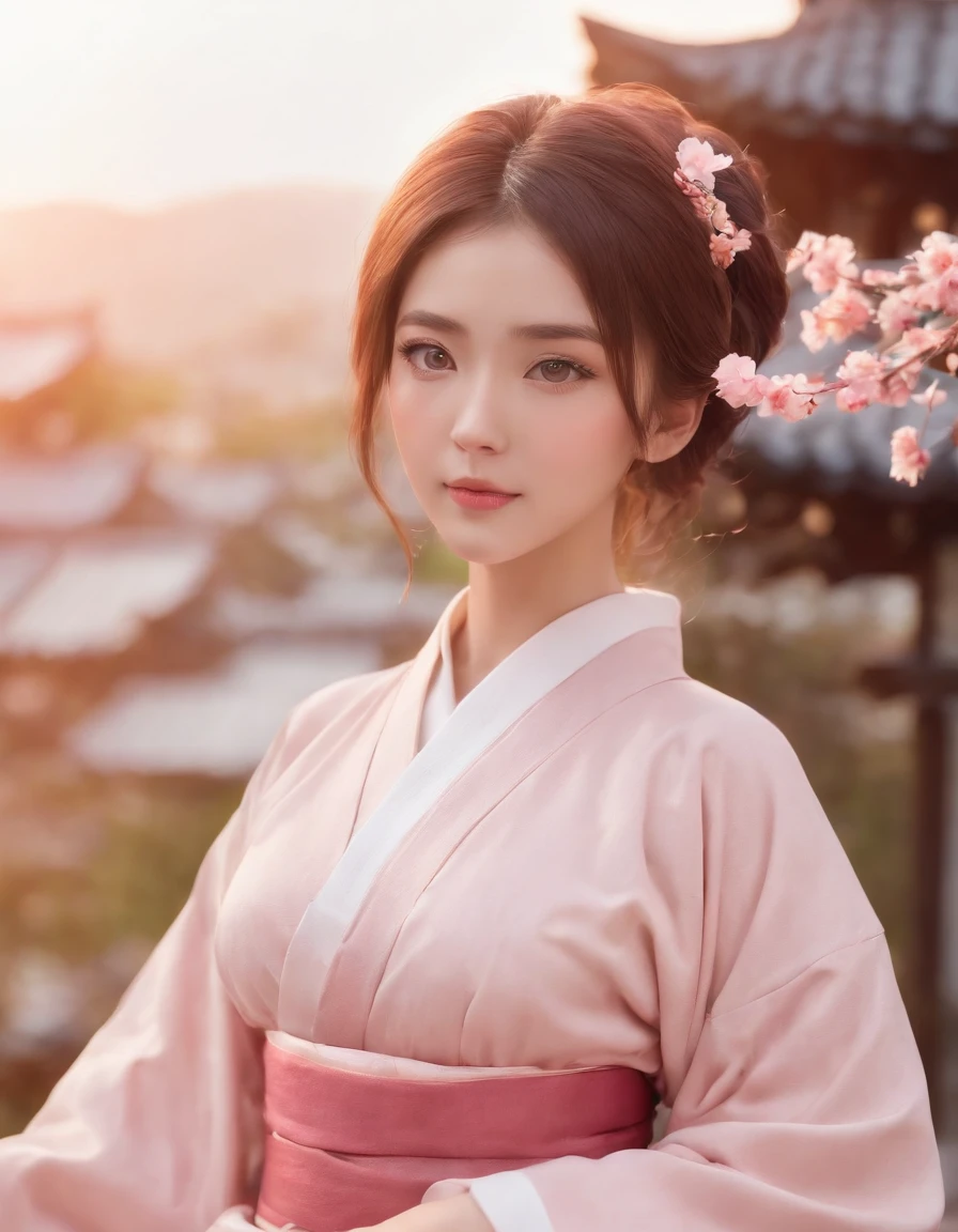 anime artwork Cinemàic Lighting,lumière disponible,incroyablement absurdes, 1fille,(Rougir:1.3),sssy, yeux_se concentrer,lumière du soleil,nuages rosés,jupe_ascenseur,Gohéi, ,portrait,imprimer_kimono,regarder_à_téléspectateur,fermer,l&#39;arrière-plan est le paysage urbain du Mont Fuji et de Kyoto, . Style animé, visuel clé, vibrant, animé en studio, très détaillé