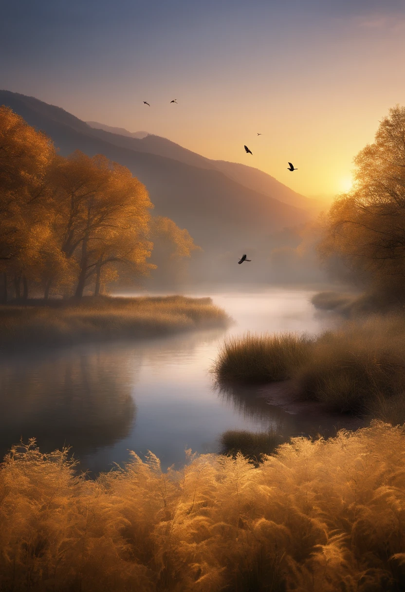 Peaceful scenery at dawn, Soft gold tones depict the horizon where ...