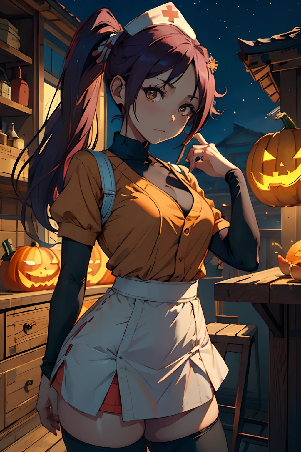 (​masterpiece、top-quality:1.2)、cowboy  shot、solo、1girll、Shihoin Yoruichi、embarassed expression、see the beholder、(poneyTail)、((nurse's outfit))、(a miniskirt)、(pantyhose)、long boots、fullmoon、Pumpkin Lantern、Brown-skinned