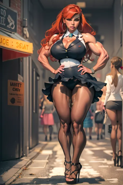 Redhead, ganguro girl, muscular legs, muscular calves, Strong legs, muscular hips, wide thighs, Curvy hips, A full body shot, high-heeled sandals, tights in a net, Stiletto heels, Women's business suit with a short skirt, large ring earrings, He really wan...