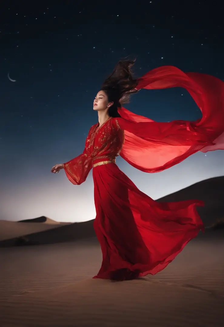 On the desert plateau，A girl against the wind，Wearing a gold and red dress，Desert at night，Sky glowing milky way，A girl in Hanfu，cabelos preto e longos，A flowing Hanfu mopping long skirt，Ethereal floor-length skirt，Light gauze flutters in the wind，Beautifu...