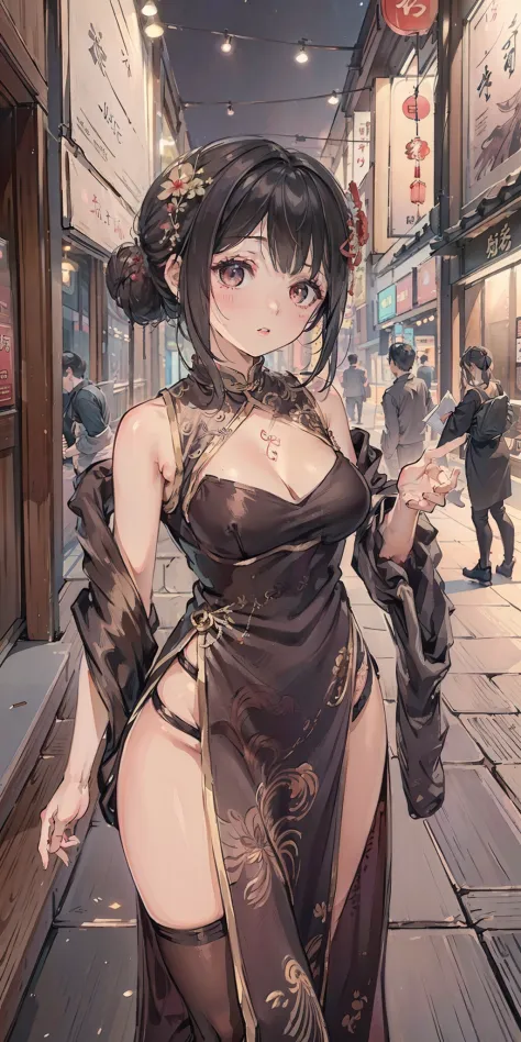 ((Best quality)), ((Masterpiece)), ((Ultra-detailed)), (illustration), (Detailed light), (An extremely delicate and beautiful),A charming young girl,on cheongsam,Hong Kong,Kowloon Street