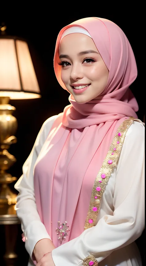 night scene, close up photo of a sexy naked malay girl with hijab, posing, look at a camera and smile, pink pastel hijab, (green eyes:0.8), cute young face, 18 yo, soft volumetric lights, (backlit:1.3), (cinematic:1.3), intricate details, (ArtStation:1.2)