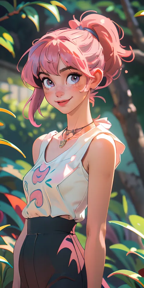 (masterpiece, best quality), 1girl, collarbone, wavy hair, neko ears pink, looking at viewer, blurry foreground, upper body, necklace, contemporary, plain pants, ((intricate, print, pattern)), ponytail, freckles, pink hair, neko ears, dappled sunlight, smi...