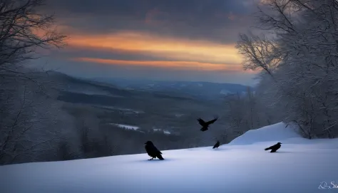 cawing ravens，big vista，(Distant view)Best quality, Masterpiece,  snowfield, high resolution, (photograph realistic:1.4), surrealism, Dream-like,fusionart, Shadowdancer, shadow magic, darkness control, stealth, shadowstep, umbral spells, hidden blade,