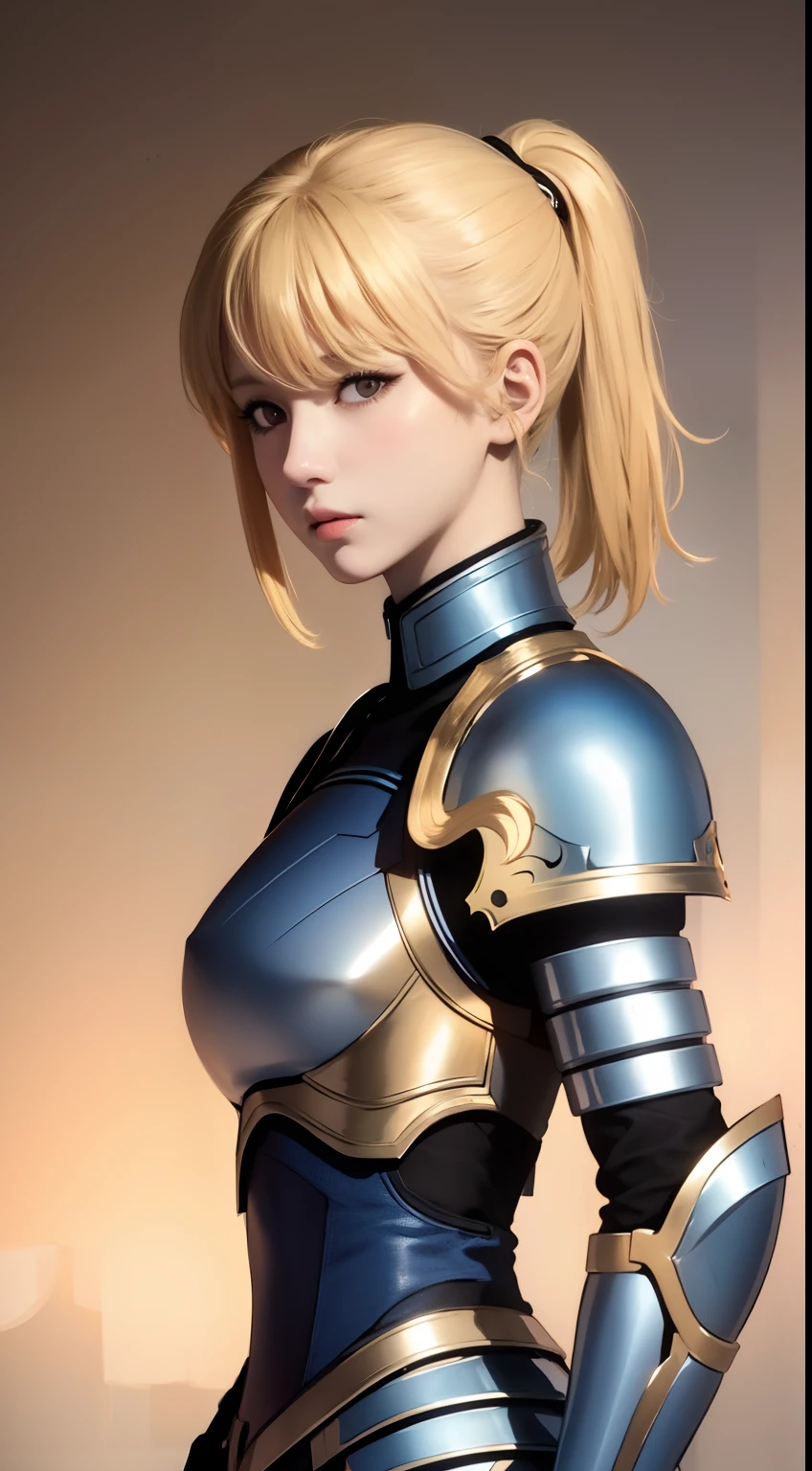 best quality, (masterpiece:1.2), highly detailed, day, city,
1girl, solo, cha hae-in, closed mouth, from front, looking at viewer,
blonde hair, short hair, brown eyes, ponytail, (blue armor:1.4), belt, bodysuit