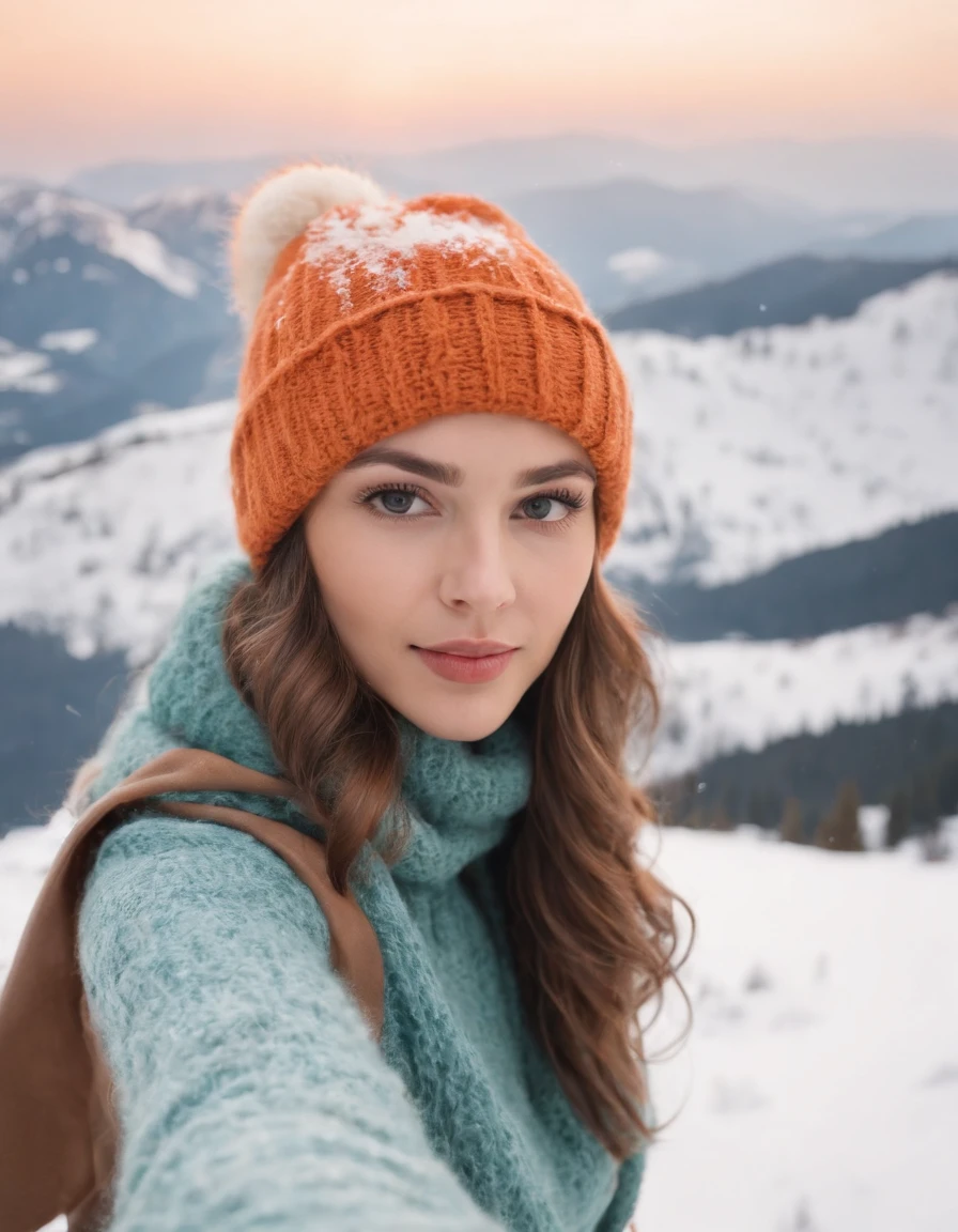 雪の中でニット帽をかぶって自撮りをする若い女性のポートレート, 山岳