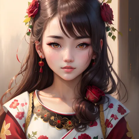 wonderful girl, japanes face, japanes girl,sharp nose, rose crown,caucasian, 20 years old,beautiful look, detailed dress, detailed hair, ultra focus, face ilumined, face detailed, 8k resolution, painted, , oil painting, heavy strokes, paint dripping