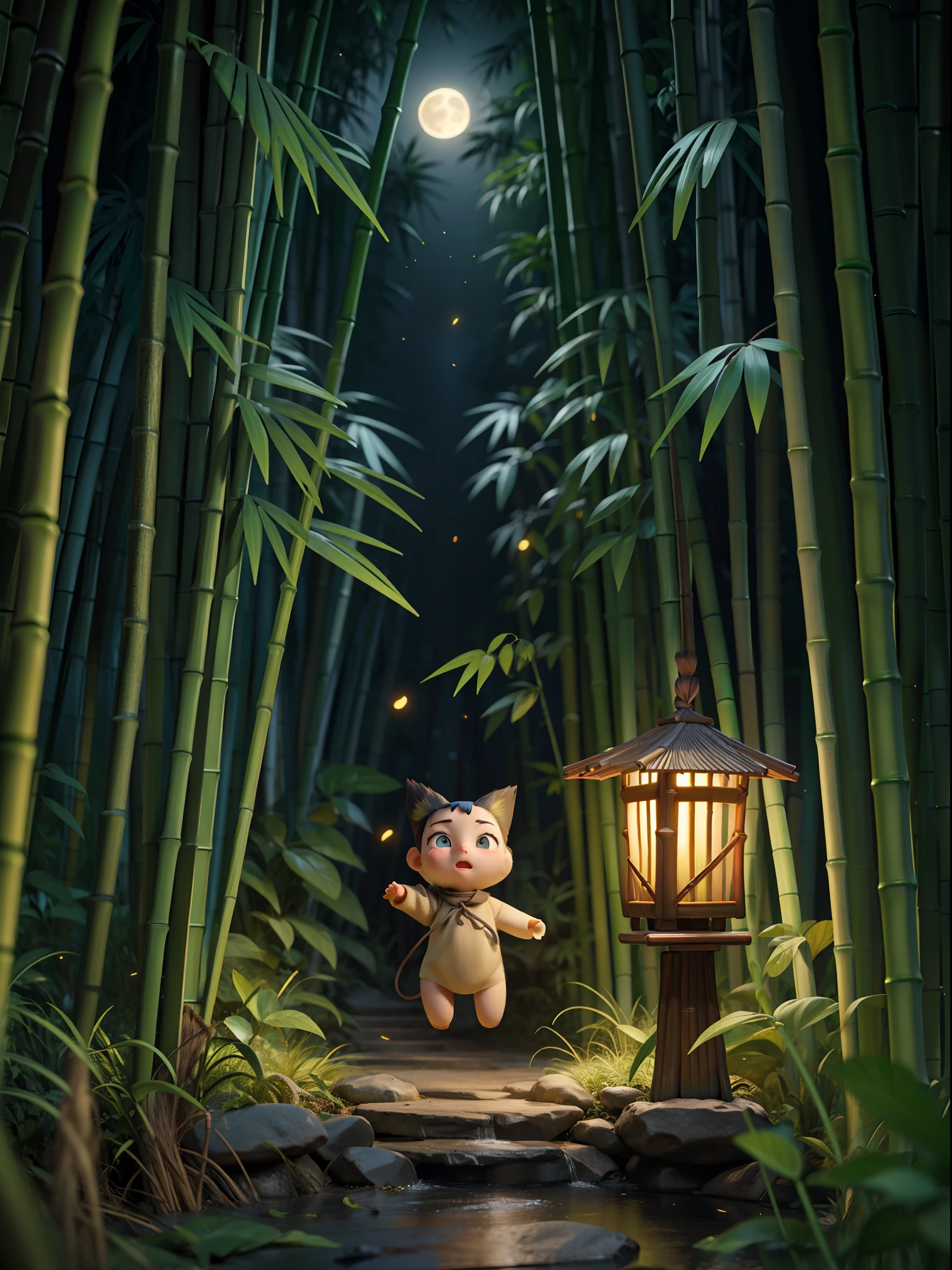 Silent night, quiet bamboo forest, bamboo leaves falling with the wind, full moon in the sky, fireflies flying 3d animation masterpiece collection award winning artwork, 3d animation style