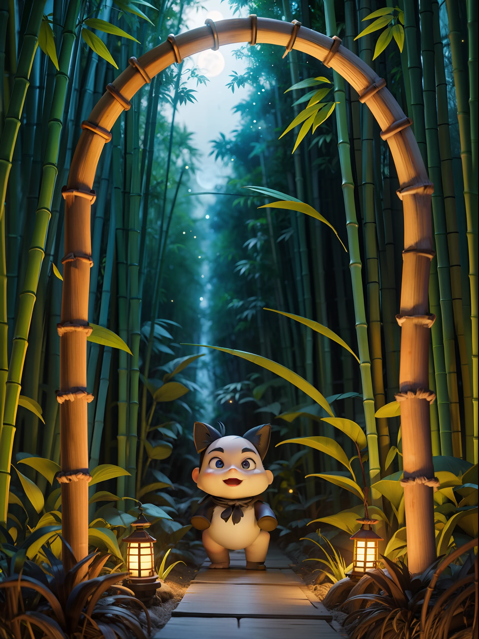 Silent night, quiet bamboo forest, bamboo leaves falling with the wind, full moon in the sky, fireflies flying 3d animation masterpiece collection award winning artwork, 3d animation style