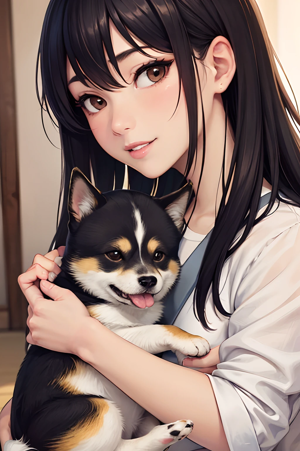 (Details of a very cute face), (Best Quality:1.4), 8K resolution, High resolution, 1girl, cute little girl, best cute, Super cute detailed face, Smooth skin, inely detailed beautiful eyes, Official portrait, Fine skin texture, Gloss on lips, Parted lips, Japanese, casual fashion, happy smile, wariza, Shiba Inu puppy, Holding a Shiba Inu puppy, Shiba Inu licks a girl's cheek