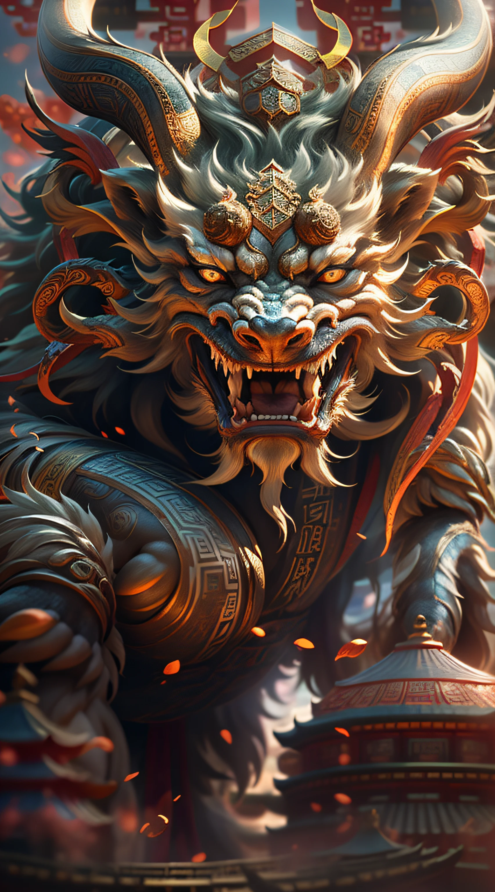 (Chinese ancient mythical beast + Chinese mythology + full of vitality), ultra-realistic 3D rendering, (masterpiece + best quality + high-detail), marvel at the figure, realistic performance of photography award-winning level + reproduction of the best visual effects, perfect shooting, get an eye-catching movie poster! Clear focus, depth of field.