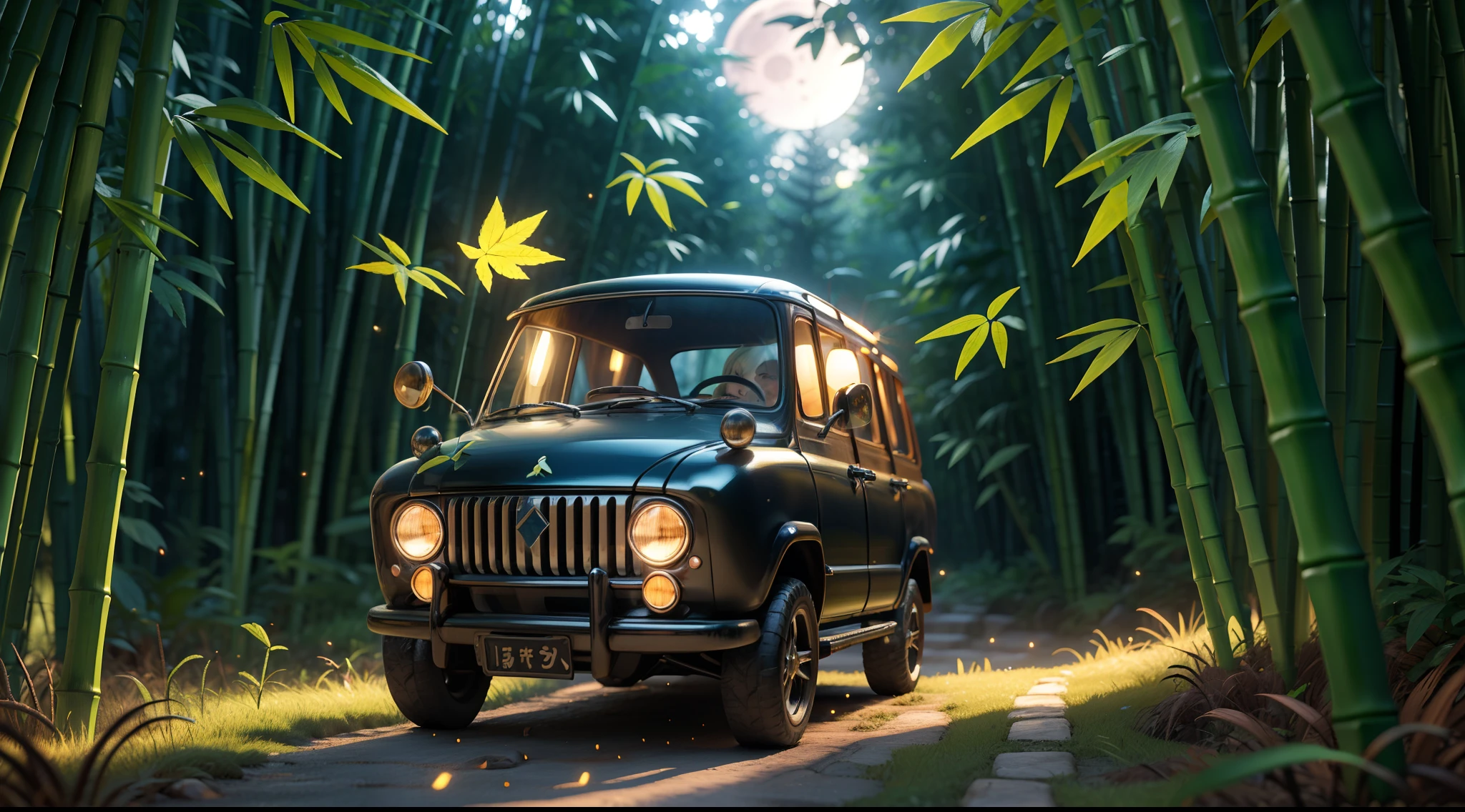 Silent night, quiet bamboo forest, bamboo leaves falling with the wind, full moon in the sky, fireflies flying 3d animation masterpiece collection award winning artwork, 3d animation style