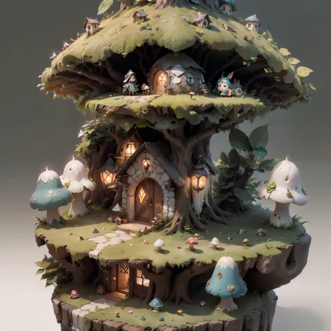 Fairy tale picture book，Isometric architecture，Mushroom hut，Cogumelos，high qulity，A high resolution，tmasterpiece，super-fine，depth of fields