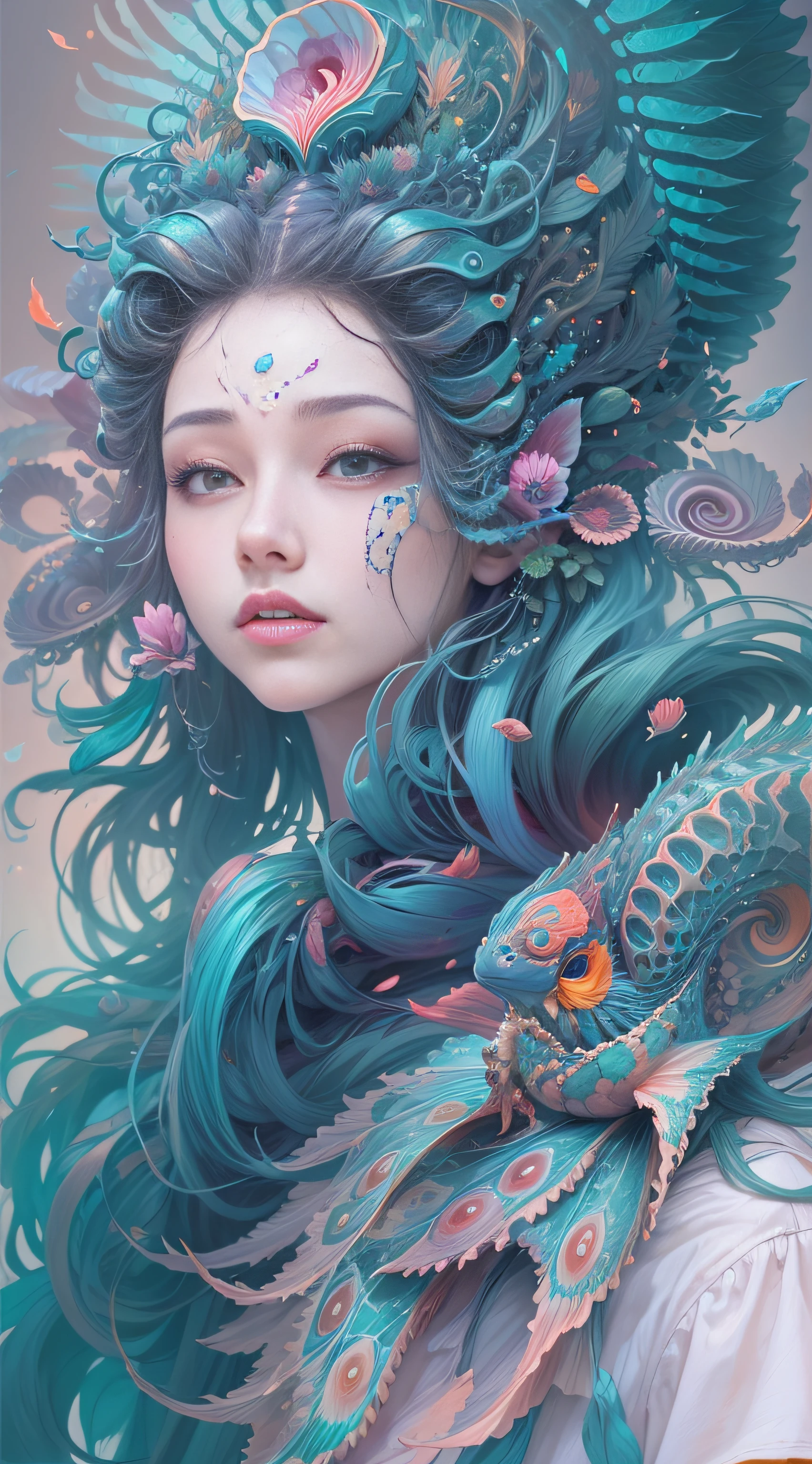 best qualtiy，tmasterpiece，Ultra-high resolution，（photograph realistic：1.4），Ultra-realistic realism，Dream-like，The beautiful blue-skinned goddess wears a phoenix peacock on her head, nautilus, a betta fish，The creation of fantasy，Brain conch，Dream Conch，Biopunk nautilus，Thrilling color scheme， Ultra-realistic realism， abstracted， psychedelia,