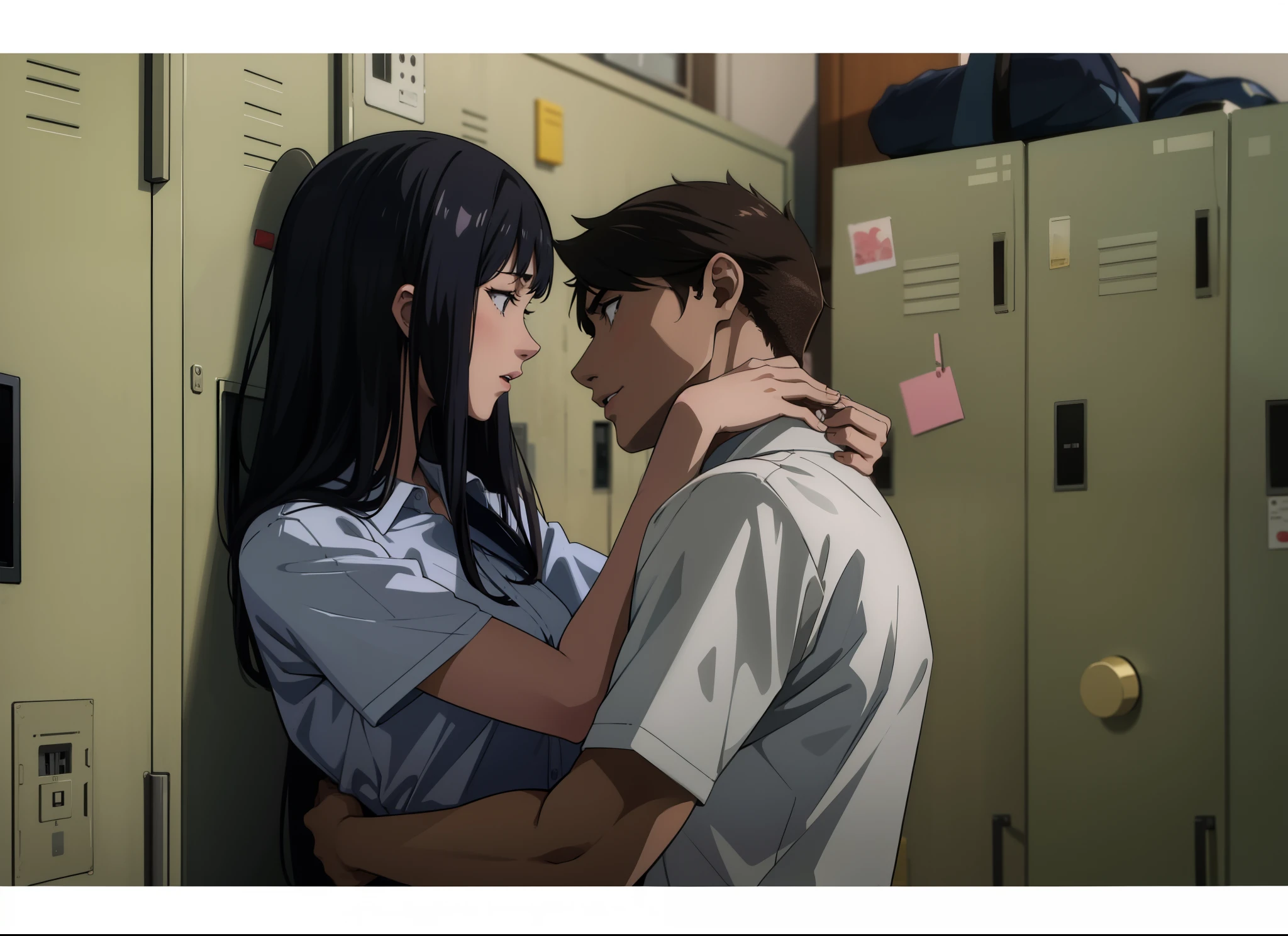 Anime couple hugging in front of lockers in a school - SeaArt AI