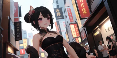((Best quality)), ((Masterpiece)), ((Ultra-detailed)), (illustration), (Detailed light), (An extremely delicate and beautiful),A charming young girl,on cheongsam,Hong Kong,Kowloon Street