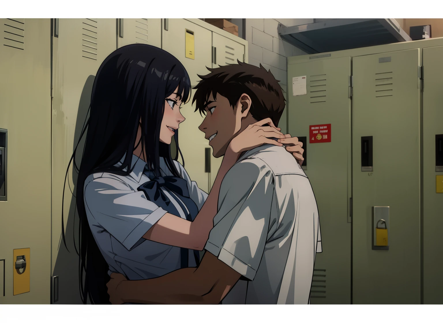 Anime couple hugging in front of lockers in a school - SeaArt AI