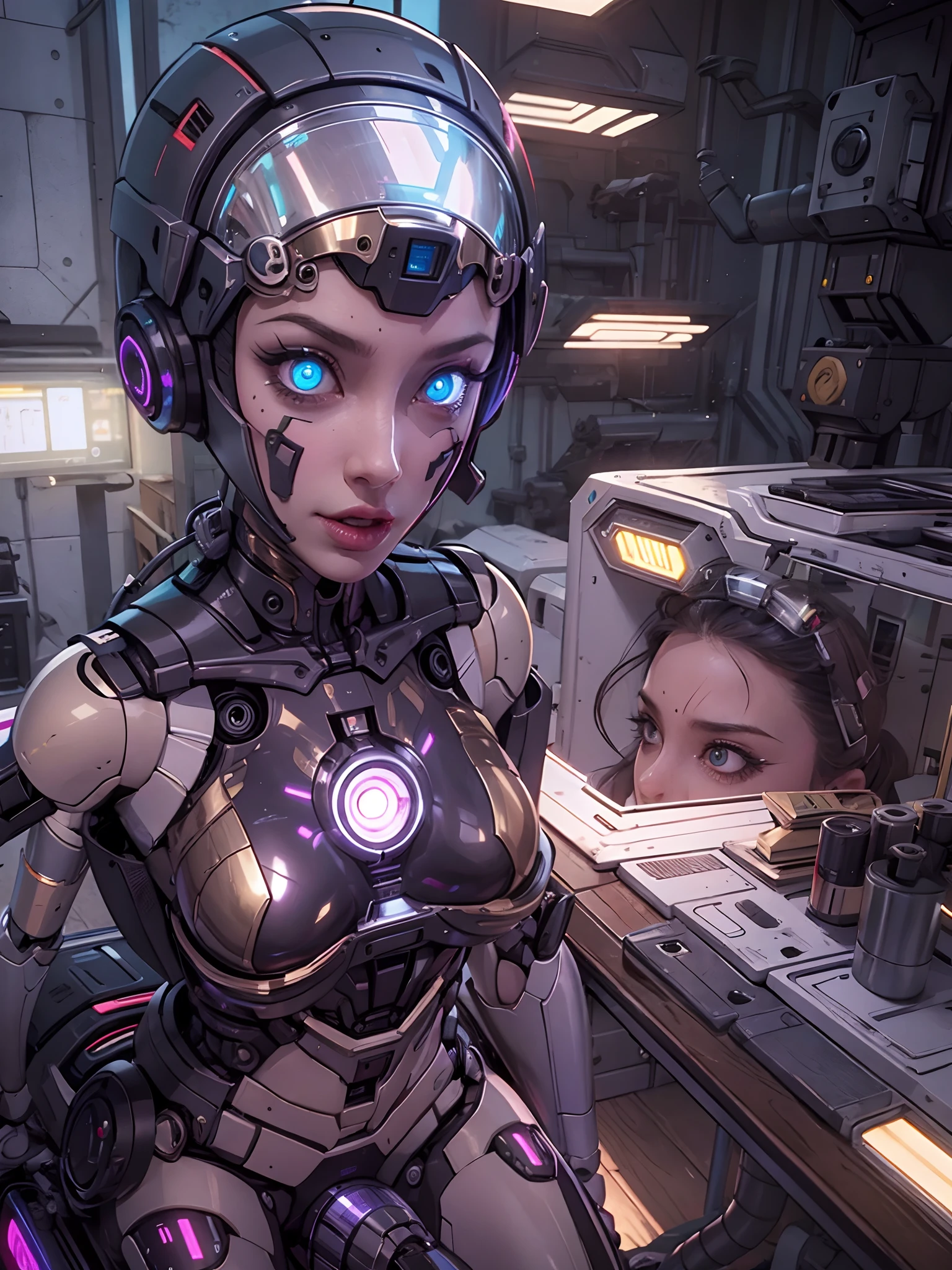 A close up of a woman in a futuristic suit in a room - SeaArt AI