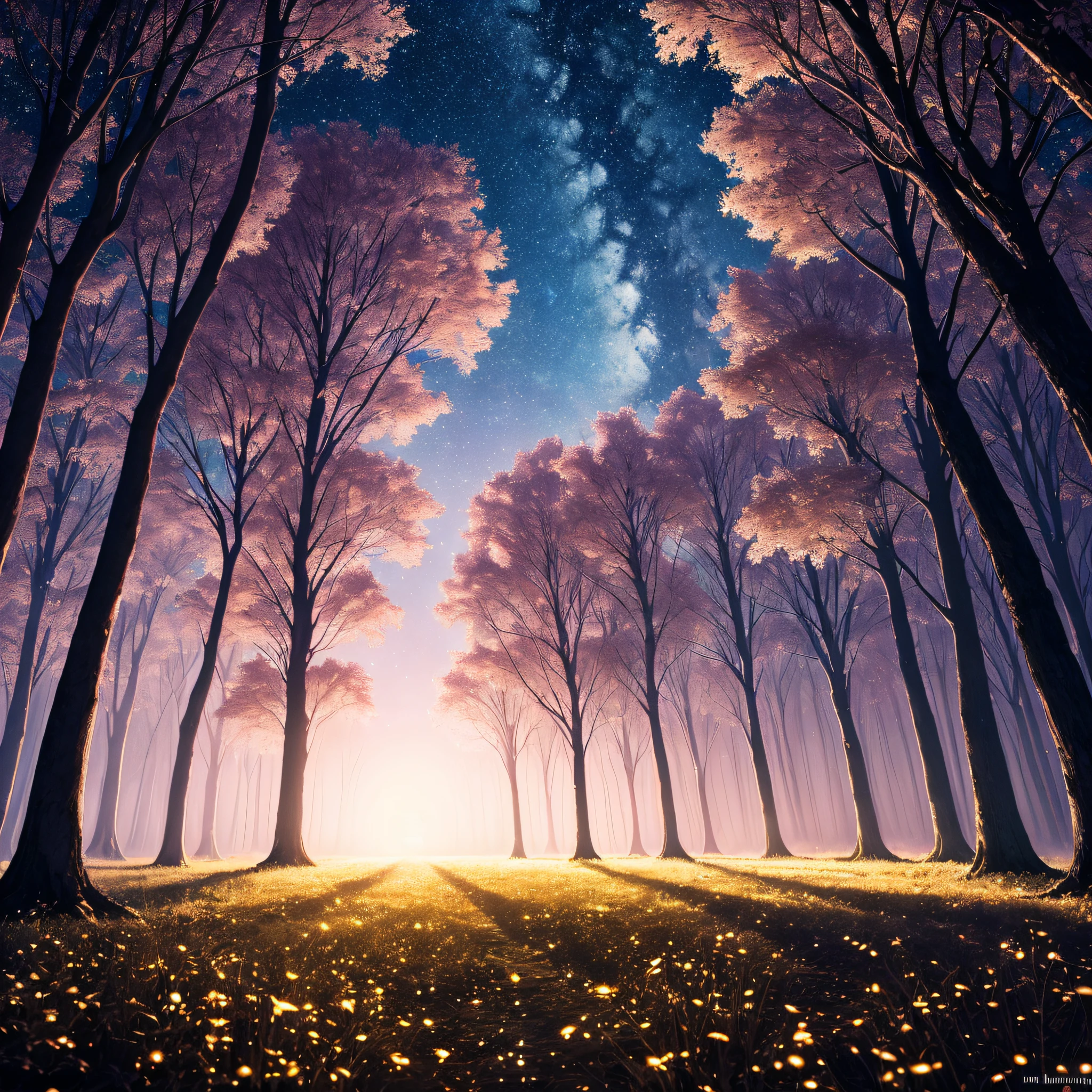 nature-inspired artwork,ethereal atmosphere,dreamlike scene,soft and magical glow,(best quality,highres:1.2),vibrant colors,shimmering lights,night-time setting,peaceful and serene ambiance,enchanted forest,hint of mystery,photorealistic style,subtle flickering movements,detail-rich composition,sublime beauty,sparkling and twinkling,like a fairytale come to life,a moment frozen in time,vivid colors dancing in the darkness.