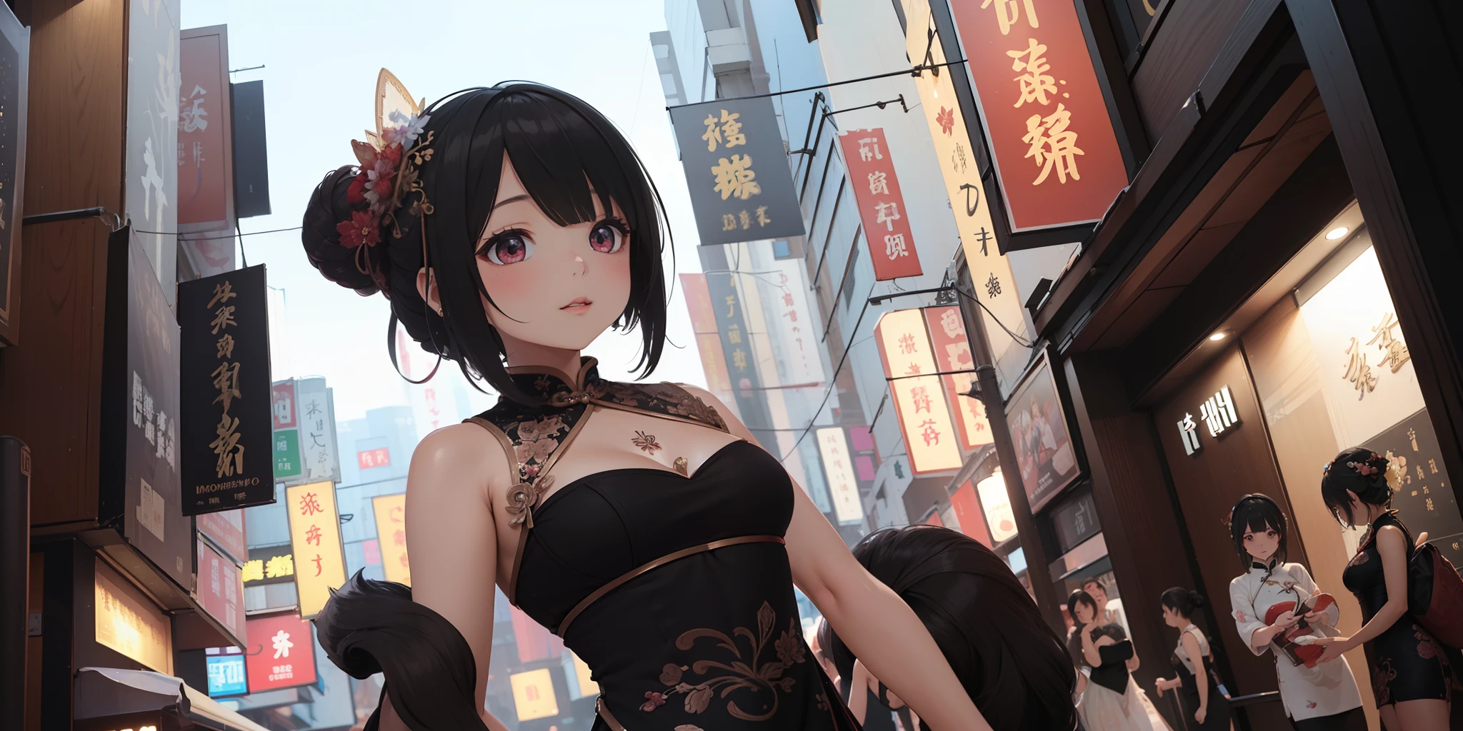 ((Best quality)), ((Masterpiece)), ((Ultra-detailed)), (illustration), (Detailed light), (An extremely delicate and beautiful),A charming young girl,on cheongsam,hong kong,Kowloon Street