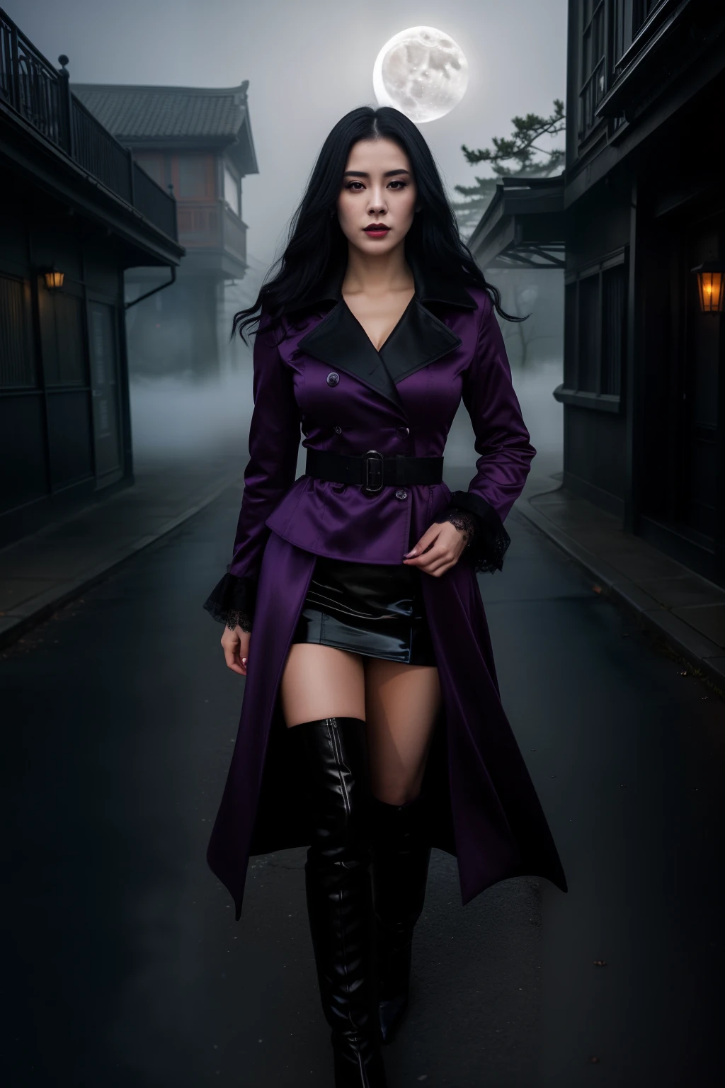 A woman in a purple coat and black boots standing in a dark alley - SeaArt  AI